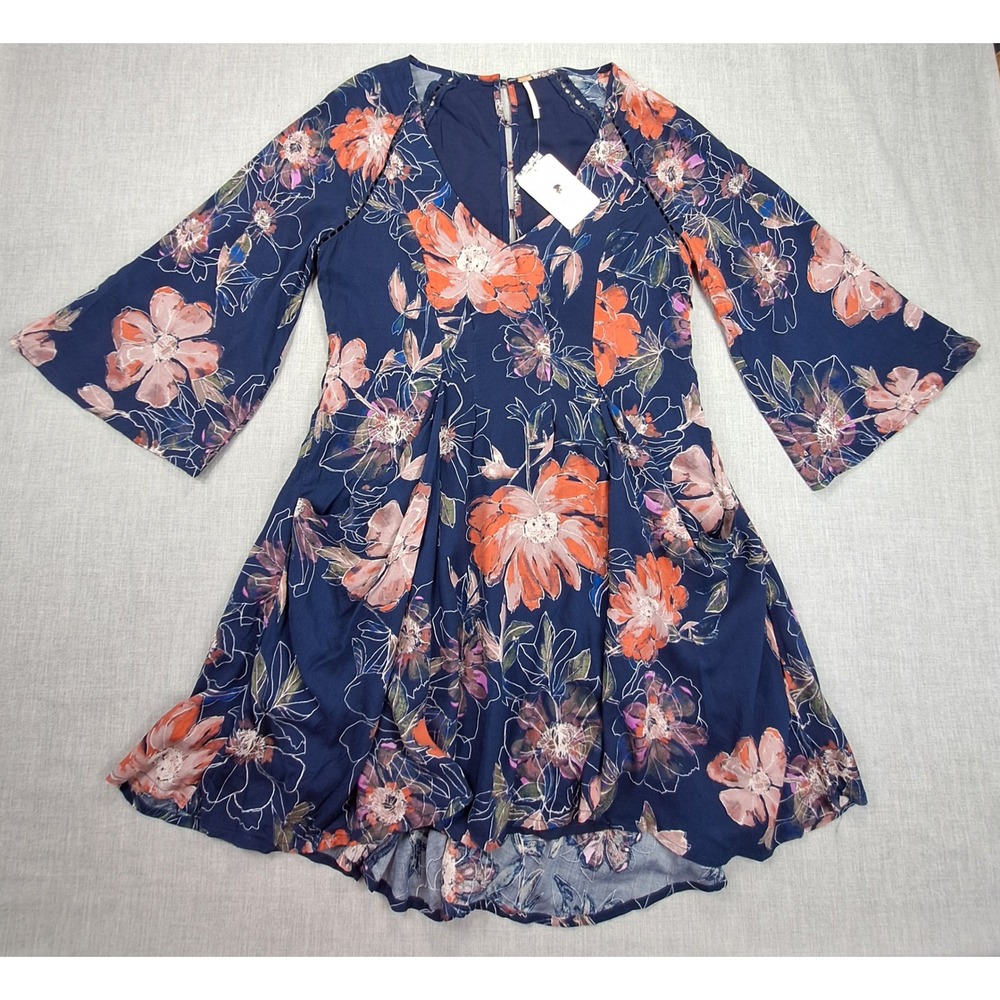 Free People Floral Bell Sleeve Mini Dress Navy Blue Orange V-Neck Size 2 NEW